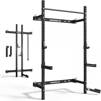 Mikolo 2" x 2" Folding Wall Mounted Squat Rack, 1000 Pounds Capacity Power Rack with Pull Up Bar, J Hooks and Other Attachments, Space-Saving Home Gym - color: Black, style: Squat Rack with Safety Catches