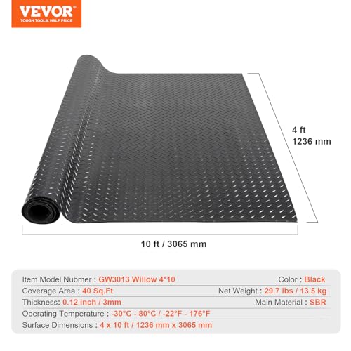 VEVOR Diamond-Plate Rubber Flooring Roll, 3 mm x 4 ft x 10 ft Garage Floor Mat, SBR, Easy to Clean, Diamond Plate Rubber Mat for Under Cars, Garage Industry Gym, Black - size: 4 ft x 10 FT