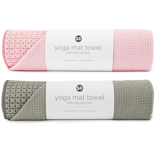S&T INC. Yoga Mat Towel with Non-Slip Grip, Enhanced Silicone Grip, Soft and Absorbent for Gym, Pilates, and Hot Yoga Mat, 2 Pack, 24 inches x 72 inches, 340GSM, Pink and Grey - color: Pink and Grey