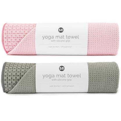 S&T INC. Yoga Mat Towel with Non-Slip Grip, Enhanced Silicone Grip, Soft and Absorbent for Gym, Pilates, and Hot Yoga Mat, 2 Pack, 24 inches x 72 inches, 340GSM, Pink and Grey - color: Pink and Grey