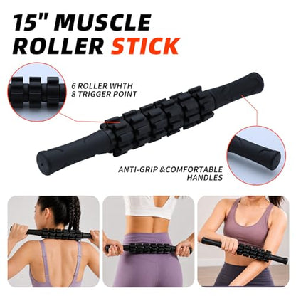 5 in 1 Foam Roller Set with Trigger Point Foam Roller, Massage Roller, Massage Ball and Stretching Strap for Physical Therapy, Muscle Recovery, Yoga, Pilates and Home Workout, Black