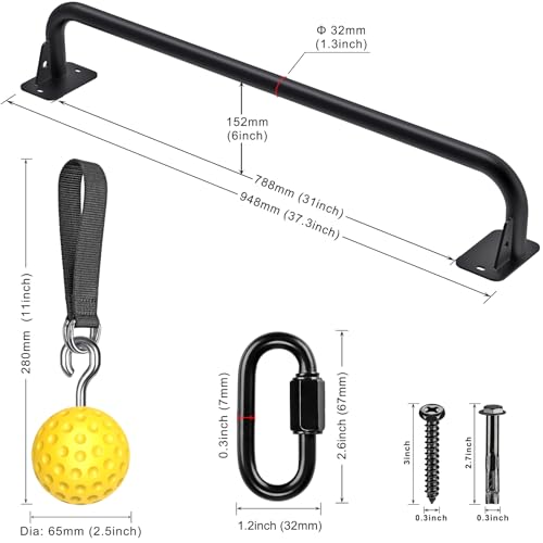 SELEWARE Heavy Duty Welded Pull Up Bar Wall/Joist/Ceiling Mount Chin Up Bar - color: A2: Black 36" Wall Mount Pull Up Bar+Yellow Balls