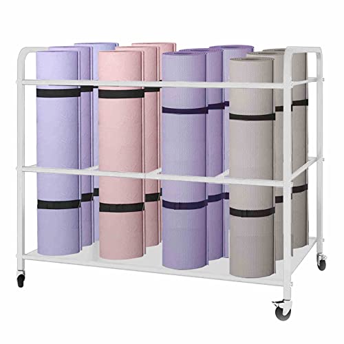 Yoga Mat Storage Rack Basket Workout Equipment Home Gym Storage Rack with Wheels Yoga Mat Holder Exercise & Fitness Organizer for Dumbbell Kettlebells Resistance Bands Yoga Blocks Foam Roller - color: White