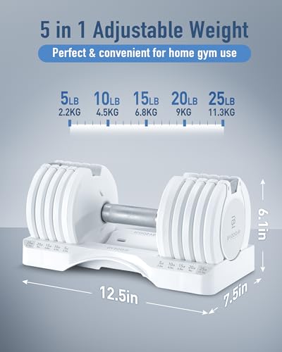 BYZOOM FITNESS Pure Series Adjustable Dumbbell - 12.5/25/27.5/50/55/75lb - ONE UNIT OR PAIR(check QTY before purchase) - 5-in-1/ 10-in-1 / 15-in-1 / 21-in-1 Flexible Hand Weights for Home Apartment Garage Gym, Strength Training & Fitness Workouts, White O