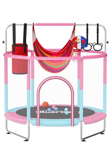 55IN 6FT Toddler Trampoline for Kids Indoor Outdoor Play for Kids Trampoline Basketball Hoop Attachment with Enclosure Net Easy to Assemble