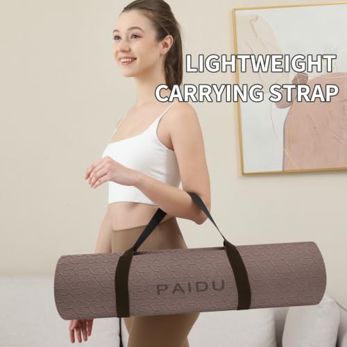 PAIDU POE Yoga Mat （10mm）Extra Thick Fitness Mat 72"x24" with Carry Strap - color: Dark Brown & Beige