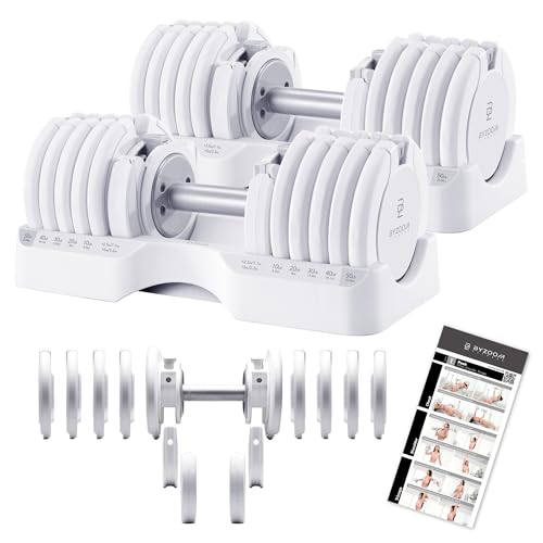 BYZOOM FITNESS Pure Series Adjustable Dumbbell - 12.5/25/27.5/50/55/75lb - ONE UNIT OR PAIR(check QTY before purchase) - 5-in-1/ 10-in-1 / 15-in-1 / 21-in-1 Flexible Hand Weights for Home Apartment Garage Gym, Strength Training & Fitness Workouts, White O