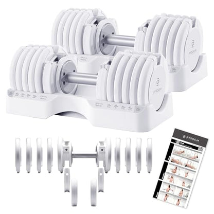 BYZOOM FITNESS Pure Series Adjustable Dumbbell - 12.5/25/27.5/50/55/75lb - ONE UNIT OR PAIR(check QTY before purchase) - 5-in-1/ 10-in-1 / 15-in-1 / 21-in-1 Flexible Hand Weights for Home Apartment Garage Gym, Strength Training & Fitness Workouts, White O