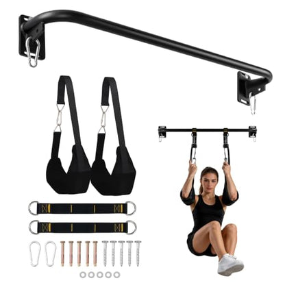 Wall Mounted Pull Up Bar, Carbon Steel Doorway Chin Up Bar for Home Gym - color: Black- Ab Straps
