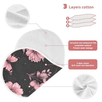 Butterfly Floral Pink Moon Muslin Burp Cloths 1 Pack - Extra Large 22"x11", 4-Layer Soft Absorbent Cotton, Waterproof Backing, Baby Drool Rags for Newborn