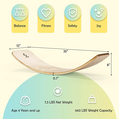 Goplus Wobble Board, 35Inch Wooden Balance Board for Kids & Adults Support 660LBS, Toddler Open-ended Learning Toy Yoga Curvy Rocker Board for Balance Training, Home Exercise (12 INCH Width)