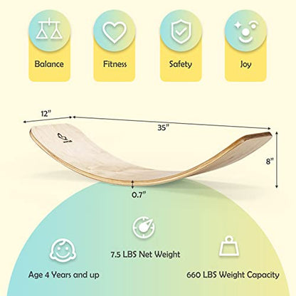 Goplus Wobble Board, 35Inch Wooden Balance Board for Kids & Adults Support 660LBS, Toddler Open-ended Learning Toy Yoga Curvy Rocker Board for Balance Training, Home Exercise (12 INCH Width)