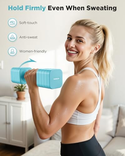 FEIERDUN DB3 5-in-1 Adjustable Dumbbell Set, 6LB/10LB Pair Adjustable Weights for Women at Home, Dual Locking Stable Hand Weights with TPU Soft Handle, Home Gym, Rehab, Pilates, Yoga, Strength Training - color: C-Mint Blue, style: 10LBS Pair (20LBS Total)