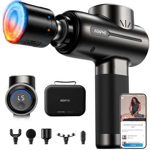 RENPHO Active+ Thermacool Massage Gun with Heat & Cold, Fathers Day Dad Gifts, App Control with Video-Guided Courses, Deep Tissue Handheld Massager for Back and Neck, 5 Speeds, 5 Heads, Carry Case - color: Black