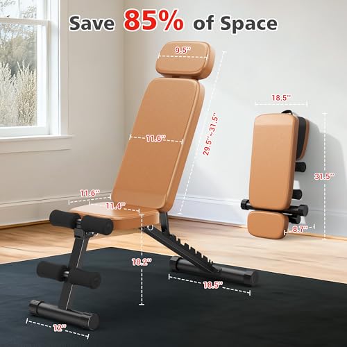 XDDIAS Workout Bench, 10 Backrests Adjustable Weight Bench with Extended Headrest, 800LBS Foldable Weight Bench for Home Gym, Incline Decline Flat Bench Compact for Small Space Training - color: Brown