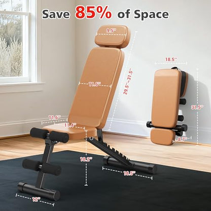 XDDIAS Workout Bench, 10 Backrests Adjustable Weight Bench with Extended Headrest, 800LBS Foldable Weight Bench for Home Gym, Incline Decline Flat Bench Compact for Small Space Training - color: Brown