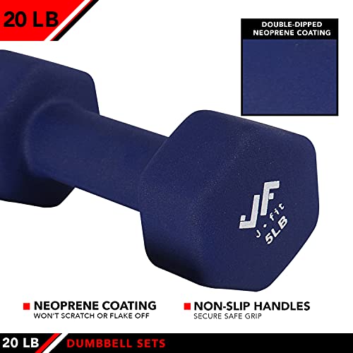 JFIT Dumbbell Pairs or Sets – Neoprene & Vinyl Coated Hand Weights for Home Gym, Strength Training, Aerobics, Cardio Exercise and Fitness - size: 20 lbs (Pair), style: Dumbbell Set with Rack