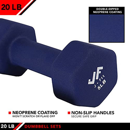 JFIT Dumbbell Pairs or Sets – Neoprene & Vinyl Coated Hand Weights for Home Gym, Strength Training, Aerobics, Cardio Exercise and Fitness - size: 20 lbs (Pair), style: Dumbbell Set with Rack
