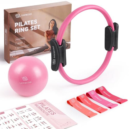 Pilates Ring Set – 14" Anti-Deformation Magic Circle with Padded Handles, Mini Ball, Resistance Bands, Guide & Bag - color: Pink