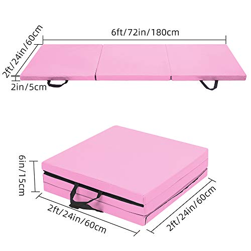 Bonnlo Folding Exercise Aerobics Mat, 6ft x 2ft x 2in PU Leather Mats with Carrying Handles with Hook & Loop Fastener for MMA, Stretching, Cheerleading Martial Arts,Gymnastic