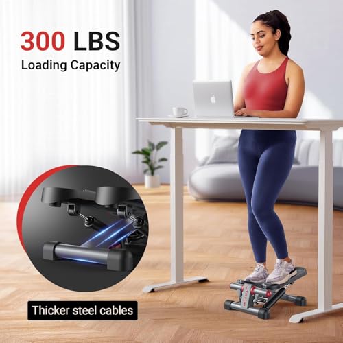 Mini Stepper for Home Exercise, Compact Hydraulic Stair Stepper with Resistance Bands, Quiet Fitness Machine with LCD Monitor, 300 lbs Weight Capacity (MR-2433)