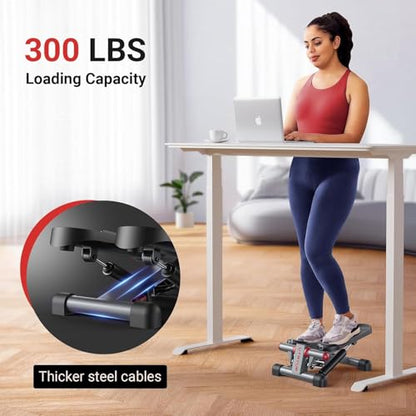 Mini Stepper for Home Exercise, Compact Hydraulic Stair Stepper with Resistance Bands, Quiet Fitness Machine with LCD Monitor, 300 lbs Weight Capacity (MR-2433)