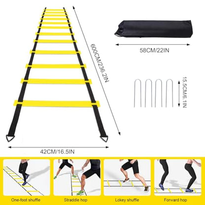 Soccer Speed Agility Training Set - 20FT Agility Ladder 12/16 Sports Cones and Soccer Kick Trainer Football Training Equipment Footwork Drills for Youth and Adults - color: Yellow, style: Agility Ladder+Cones