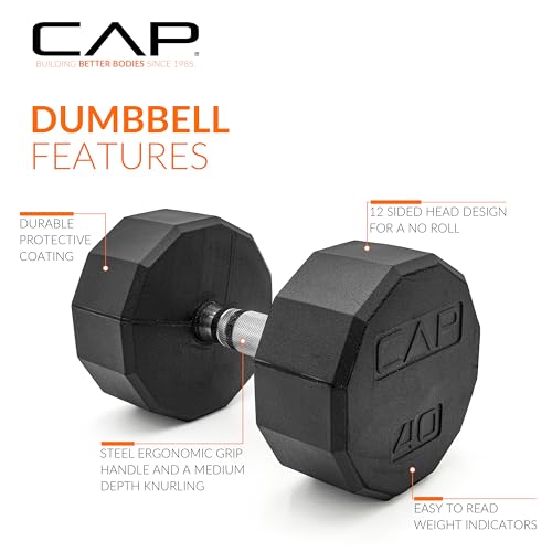 CAP Rubber Coated Dumbbell Weights, Free Weights for Home Gym Strength Training, Anti-Roll Hex Dumbbells with Black, Chrome & Comfort Grip Handles, Singles - size: 40 lb, style: 12-Sided - Chrome Handle