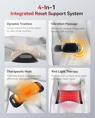 4-in-1 Lumbar Support Pillow with Red Light 650nm 850nm, Lumbar Massager Cordless Rechargeable 5000mAh, Lower Back Massager with Vibration, Airbag Traction & Heating for Back Waist Comfort, Black