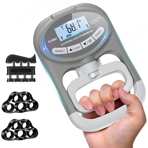 Grip Strength Tester Hand Dynamometer - Grip Strength Trainer Electronic Hand Gripper Strengthener Wrist Exerciser Meter Digital Training Gauge 265 Lbs / 120 Kgs for Sport School Home Use - color: Gray