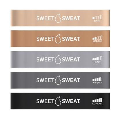 Sweet Sweat Mini Loop Resistance Bands - Set of 5 | Exercise Hip Booty Bands for Squats, Lunges, Physical Therapy, Yoga, Pilates, Rehab and Home Workout | Non-Latex Elastic Bands Includes Carry-Bag