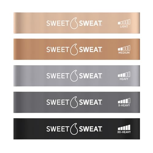 Sweet Sweat Mini Loop Resistance Bands - Set of 5 | Exercise Hip Booty Bands for Squats, Lunges, Physical Therapy, Yoga, Pilates, Rehab and Home Workout | Non-Latex Elastic Bands Includes Carry-Bag
