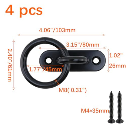 Semetall M8 Black Ceiling-Wall Mount Hook & Pad Eye Plate - 4 Pack 304 Stainless Steel Deck Hardware, Heavy Duty Anchor Rings for Boat Rigging, Yoga Swings, Hammocks & Marine Suspension(Oval) - size: M8 - Oval
