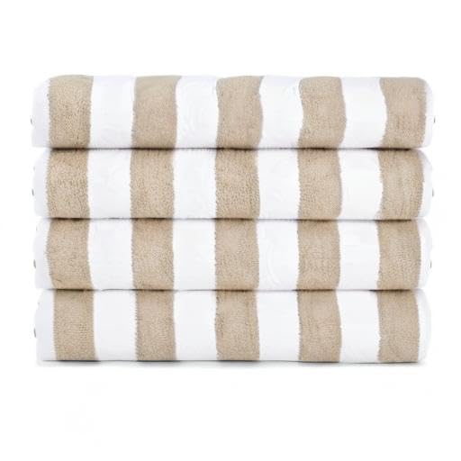 Arkwright California Cabana Stripe Beach Towel - Pack of 4, Large Soft Quick Dry 100% Cotton Terry Towels Set for Pool, Swim, and Hot Tub, Oversized 30 x 70 in, Beige