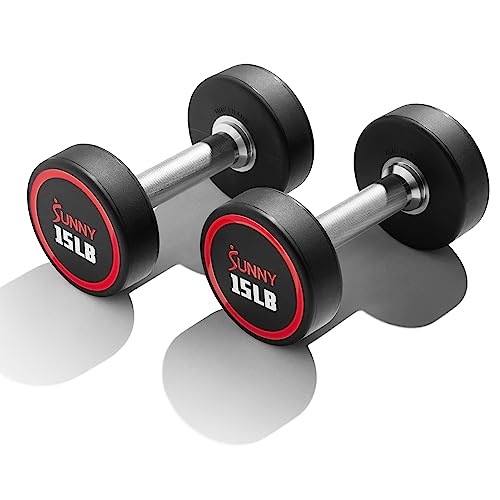 Sunny Health & Fitness Premium Polyurethane Commercial Grade Round Dumbbells with Diamond Knurled Handle, Durable Strength Training Equipment for Home Gym, 5-50LB - color: 15-Pound (Pair)