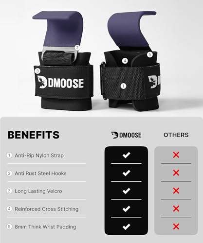 DMoose Fitness Weight Lifting Hooks (Pair) for Deadlifts, Pull Ups, Rows & Shrugs - Anti-Rip Nylon Strap Hand Grips with Thick Wrist Padding - Heavy Duty Wrist Straps for Weightlifting & Gym Workouts - color: Purple