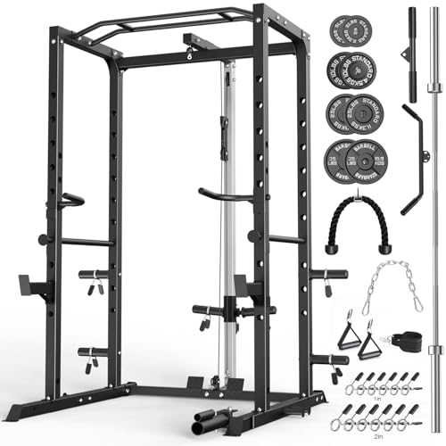 Power Cage, Multi-Functional Power Rack with J-Hooks, Dip Handles, Landmine Attachment and Optional Cable Pulley System for Home Gym - size: 240LB Weights Package,black
