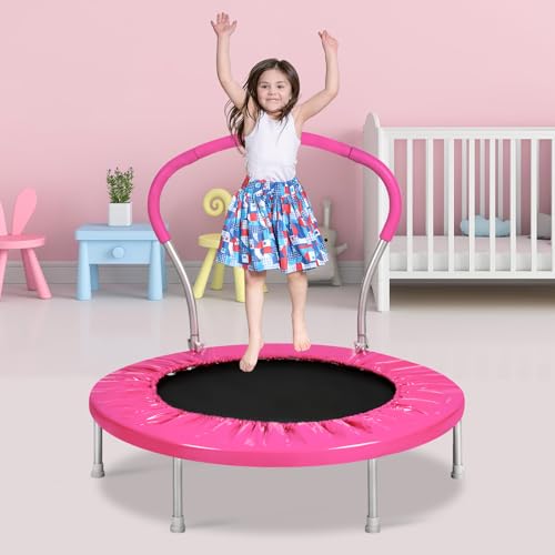 36-Inch Kids Trampoline with Handle - Indoor Mini Tranpoline for Toddlers, Small Fitness Rebounder for Indoor and Outdoor Use - color: Hot Pink