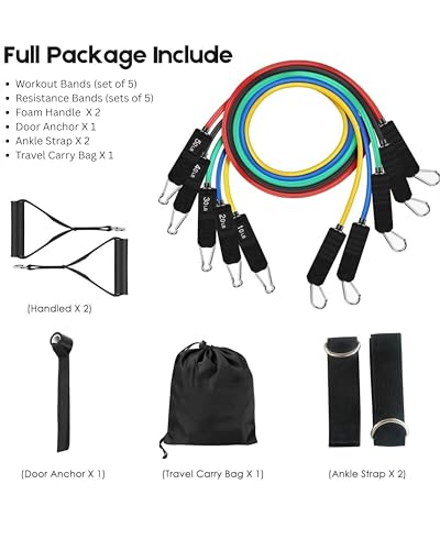 Resistance Bands Set with Handles – 11-Piece Exercise Bands Kit (Up to 150 lbs), Workout Bands with Door Anchor, Ankle Straps & Carry Bag for Home Gym, Strength Training & Physical Therapy