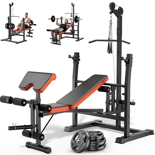 XDDIAS Weight Bench Set, 9 in 1 Olympic Weight Bench with LAT Pulldown and Rowing, 900LBS Bench Press Set with Leg Extension and Preacher Pad, Flat Incline Bench for Weight Lifting Full-Body Workout - color: Bench+70LBS plates