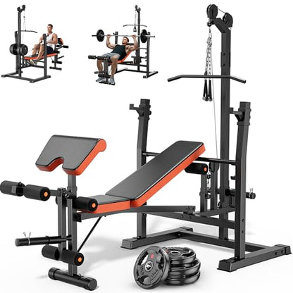 XDDIAS Weight Bench Set, 9 in 1 Olympic Weight Bench with LAT Pulldown and Rowing, 900LBS Bench Press Set with Leg Extension and Preacher Pad, Flat Incline Bench for Weight Lifting Full-Body Workout - color: Bench+70LBS plates