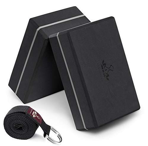 Heathyoga Yoga Blocks 2 Pack with Strap, High Density EVA Foam Yoga Block and Yoga Strap Set to Support and Improve Poses and Flexibility - color: Black