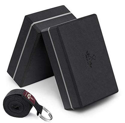 Heathyoga Yoga Blocks 2 Pack with Strap, High Density EVA Foam Yoga Block and Yoga Strap Set to Support and Improve Poses and Flexibility - color: Black