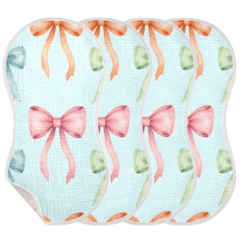 Colorful Bows Muslin Burp Cloths 4 Pack - Extra Large 22"x11", 4-Layer Soft Absorbent Cotton, Waterproof Backing, Baby Drool Rags for Newborn