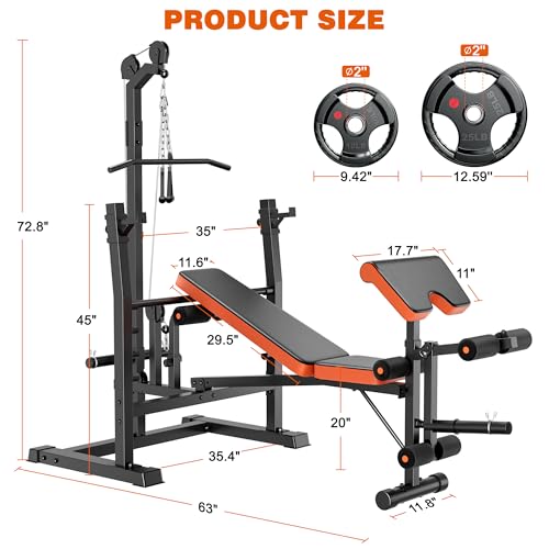 XDDIAS Weight Bench Set, 9 in 1 Olympic Weight Bench with LAT Pulldown and Rowing, 900LBS Bench Press Set with Leg Extension and Preacher Pad, Flat Incline Bench for Weight Lifting Full-Body Workout - color: Bench+70LBS plates
