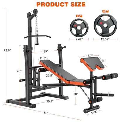XDDIAS Weight Bench Set, 9 in 1 Olympic Weight Bench with LAT Pulldown and Rowing, 900LBS Bench Press Set with Leg Extension and Preacher Pad, Flat Incline Bench for Weight Lifting Full-Body Workout - color: Bench+70LBS plates