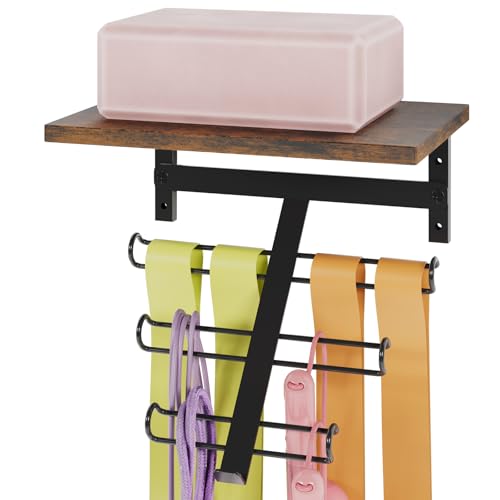 TJ.MOREE Resistance Rack Band Storage Hanger with Shelf Gym Equipment Organizer, Storage Rack for Home Gym, Brown