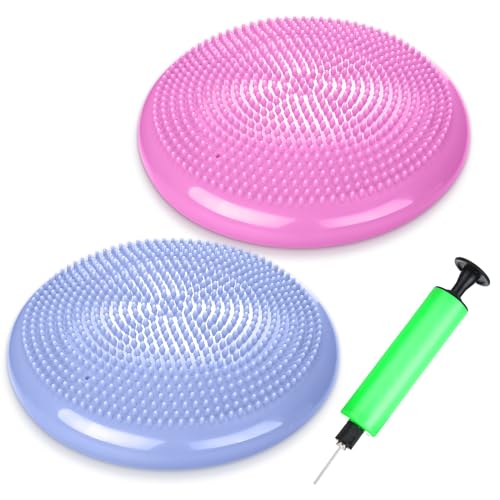 2 Pcs Wiggle Seat Inflated Wobble Cushion Flexible Balance Disc with Air Pump for Core Stability Strengthening Improving Posture Physical Exercise - color: Macaroon Blue and Macaroon Pink