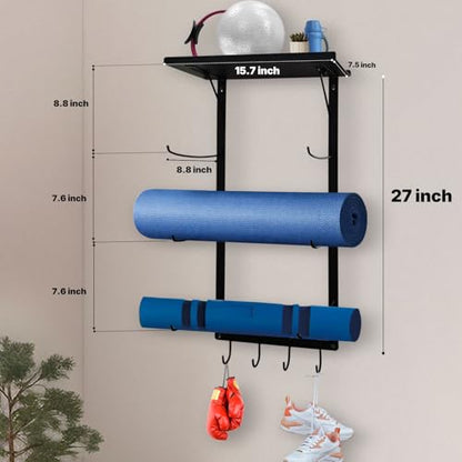 Yoga Mat Holder Wall Mount, Wall Mounted Yoga Mat Storage Rack with Shelf & Hooks, Home Gym Yoga Accessory Organizer for Mats, Foam Roller, Bands & Workout Equipment