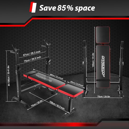 OPPSDECOR 900LBS Weight Bench Set for Home Gym, 6-in-1 Foldable Bench Press Set with Leg Extension, Leg Curl, Preacher Curl Pad, Barbell Rack, Squat Rack for Full Body Workout, Strength Training